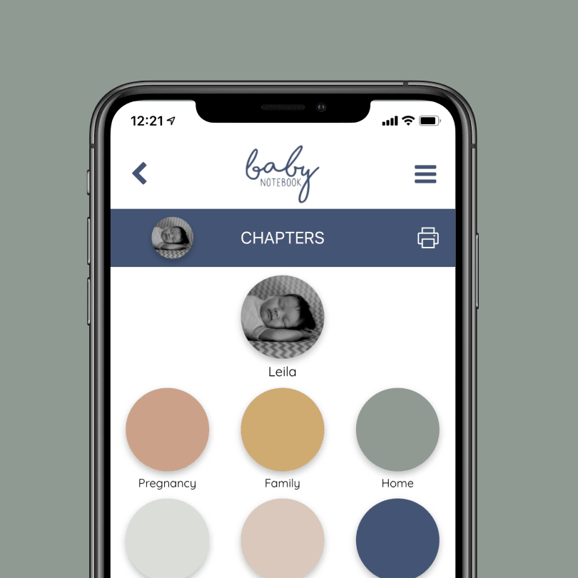 Chapters screen of baby book app on a mobile device